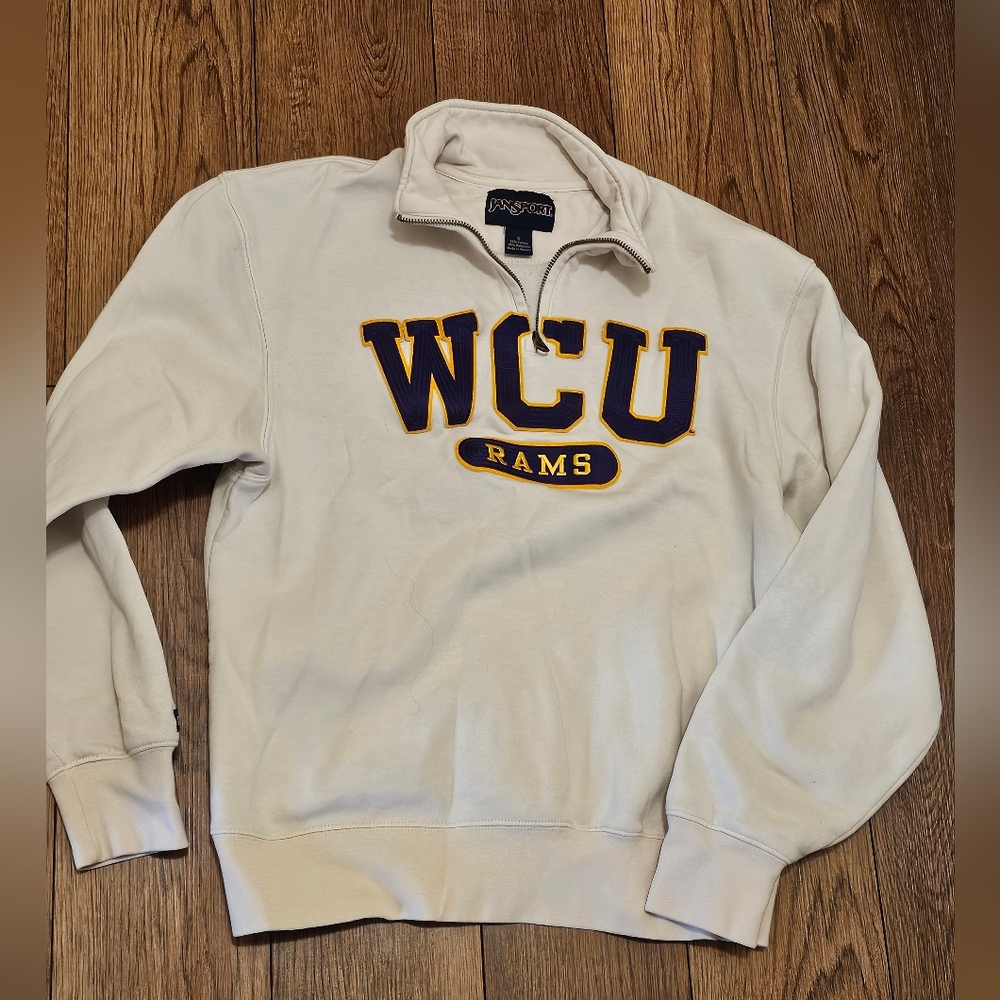 WCU Rams Jansport Vtg Pullover Quarter Zip Off White Patch Small NC Western Flaw